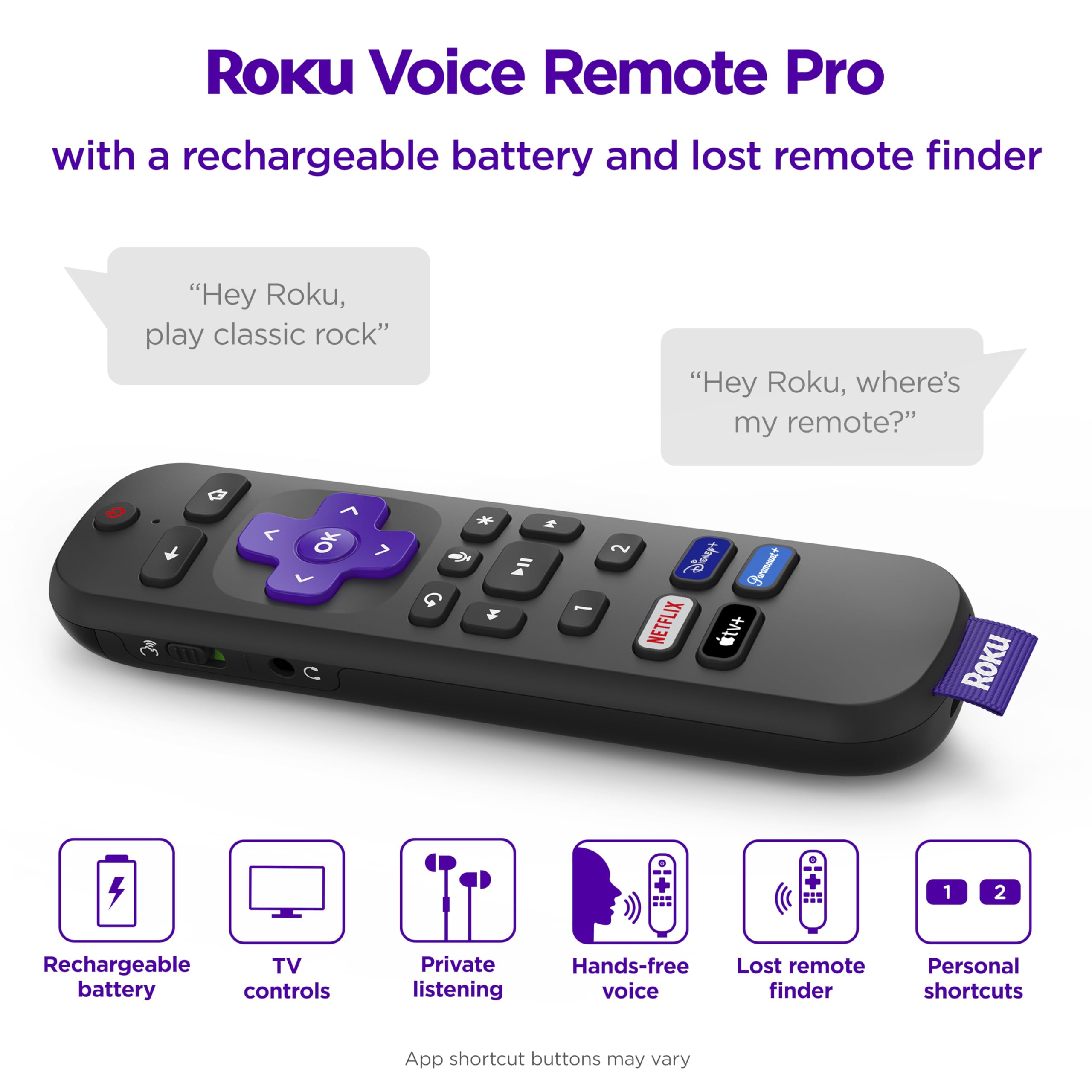 Roku Voice Remote Pro | Rechargeable Voice Remote with TV Controls, Lost Remote Finder, Private Listening, Hands-Free Voice Controls & Personal Shortcut Buttons for Roku Players Roku TV, & Roku Audio