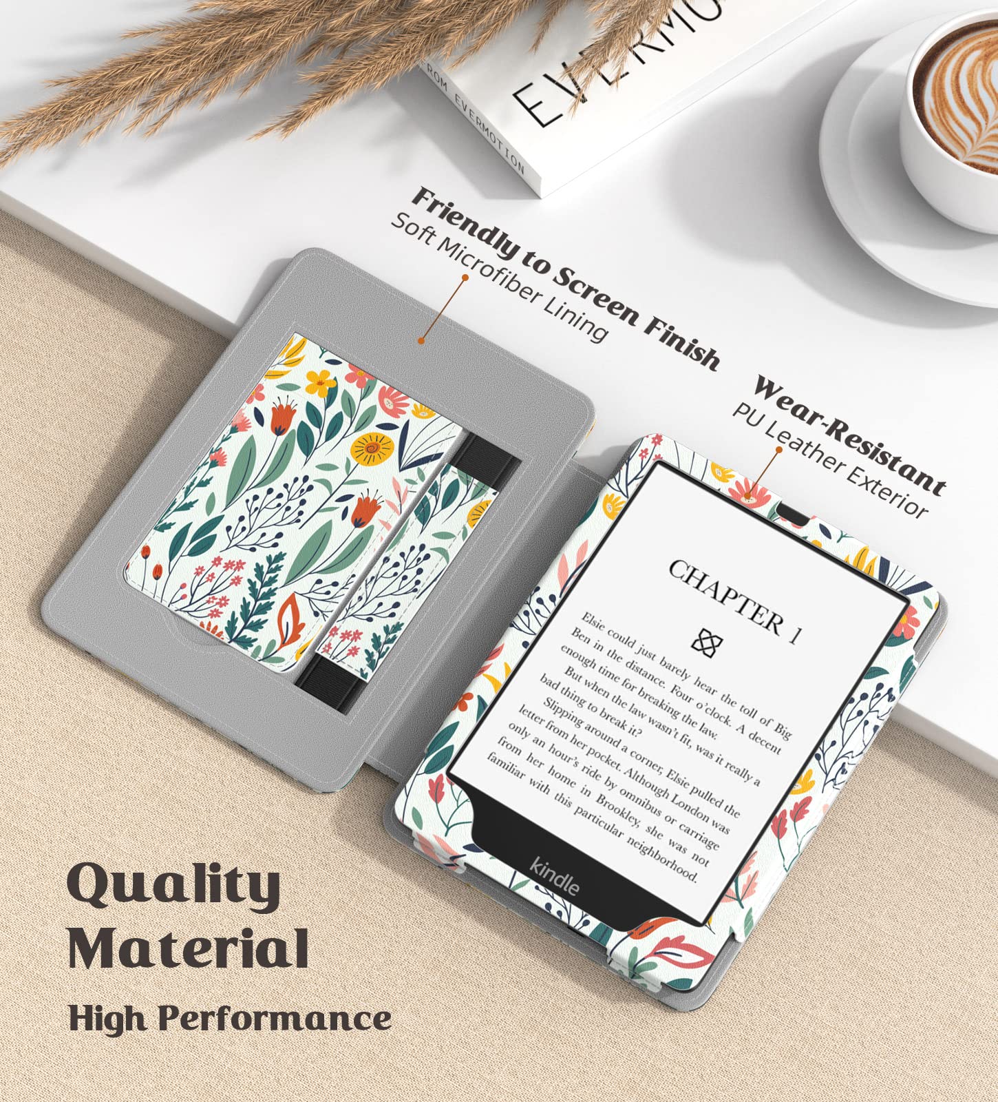 MoKo Case for 7"/6.8" Kindle Paperwhite(12th/11th Generation-2024/2021) and Kindle Colorsoft Signature Edition, Slim PU Shell Cover Case with Auto-Wake/Sleep for Kindle Paperwhite 2024, Flowers