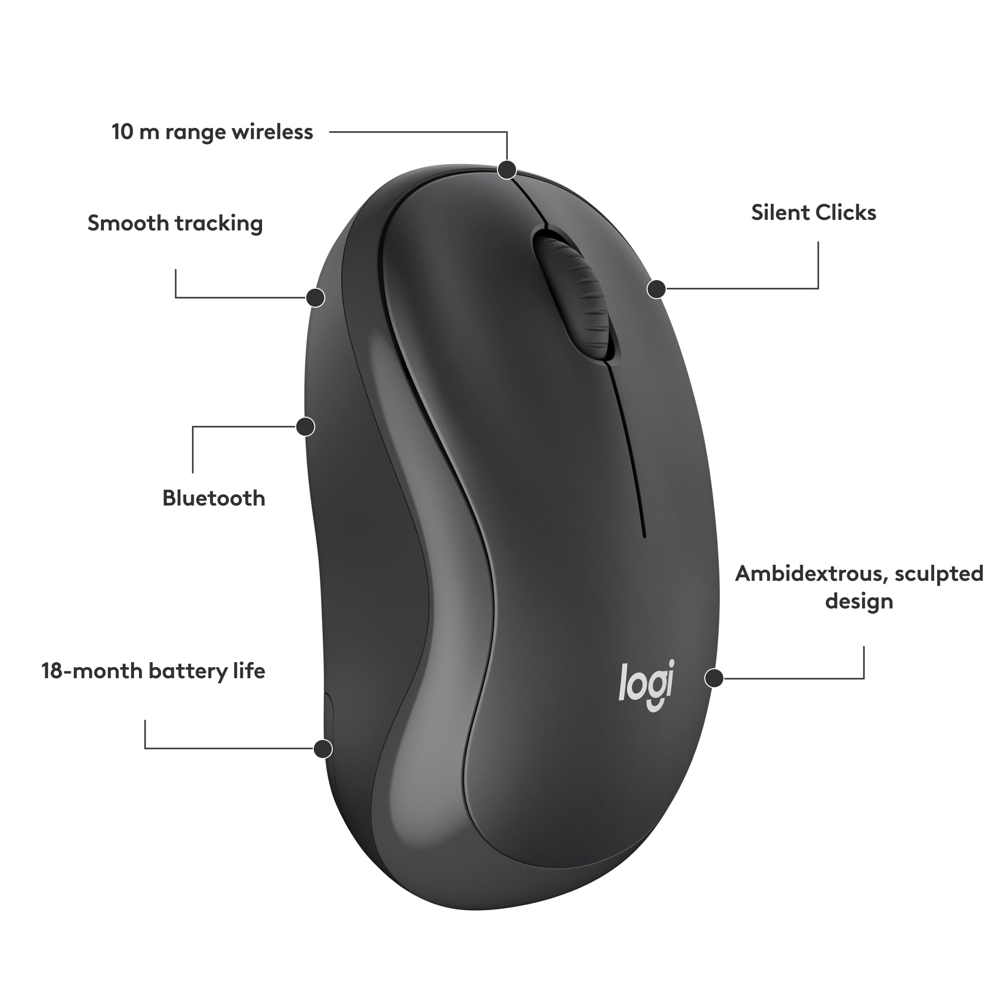 Logitech M240 Silent Bluetooth Mouse, Wireless, Compact, Portable, Smooth Tracking, 18-Month Battery, for Windows, macOS, ChromeOS, Compatible with PC, Mac, Laptop, Tablets - Graphite