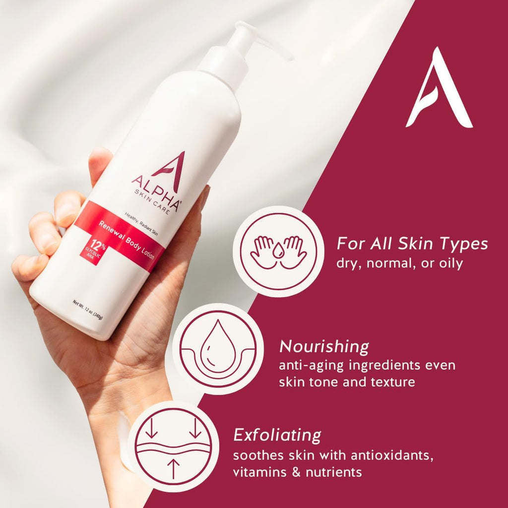 Alpha Skin Care Revitalizing Body Lotion, 12% Glycolic AHA, Daily Moisturizer Hydrates & Exfoliates, Anti-Aging, 12 Oz, Pack of 3