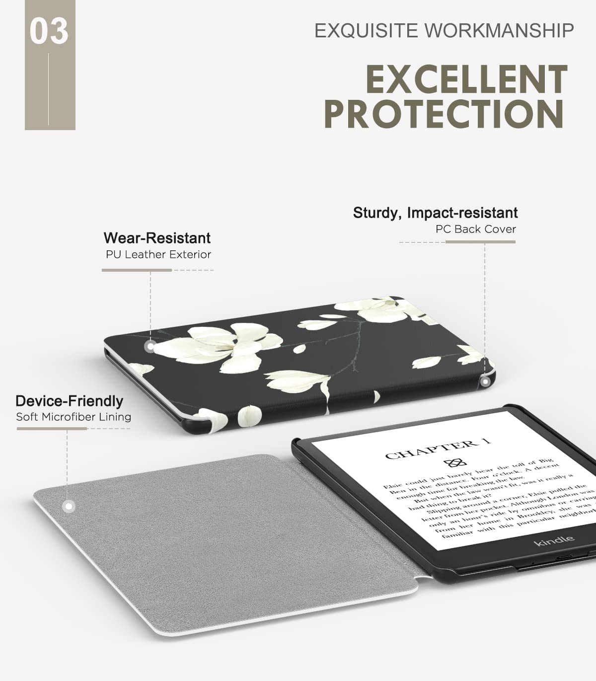 MoKo Case for 6.8" Kindle Paperwhite (11th Generation-2021) and Kindle Paperwhite Signature Edition, Light Shell Cover with Auto Wake/Sleep for Kindle Paperwhite 2021 E-Reader, Black & White Magnolia