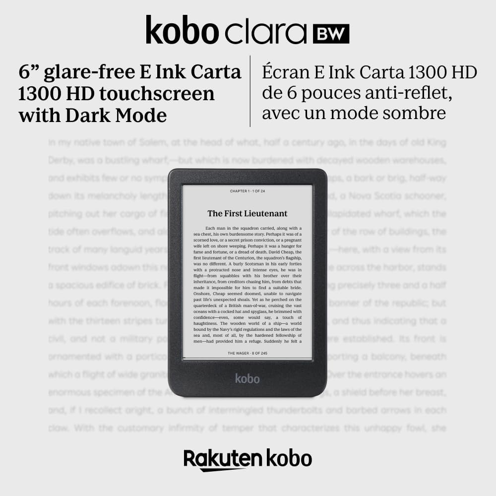 Kobo Clara BW | eReader | 6” Glare-Free Touchscreen with ComfortLight PRO | Dark Mode Option | Audiobooks | Waterproof | 16GB of Storage | Black
