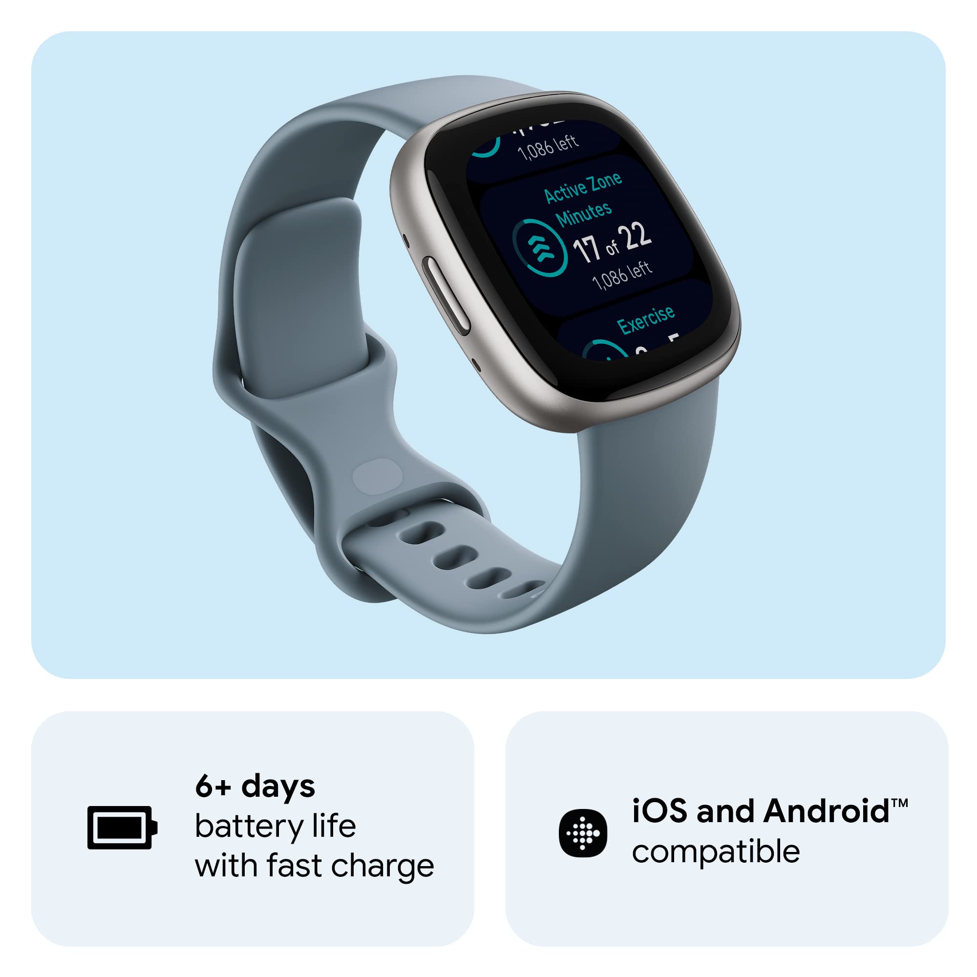 Google Fitbit Versa 4 Fitness Smartwatch with Daily Readiness, Gps, 24/7 Heart Rate, 40+ Exercise Modes, Sleep Tracking and More, Waterfall Blue/platinum, One Size (S and L Bands Included)