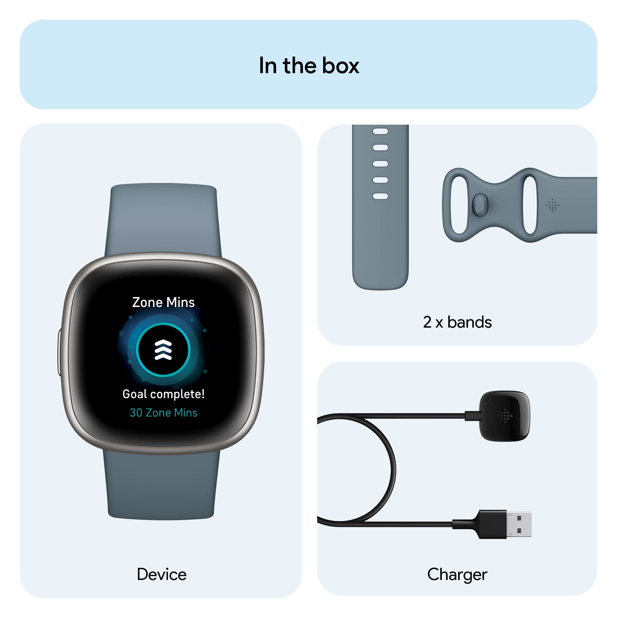Google Fitbit Versa 4 Fitness Smartwatch with Daily Readiness, Gps, 24/7 Heart Rate, 40+ Exercise Modes, Sleep Tracking and More, Waterfall Blue/platinum, One Size (S and L Bands Included)
