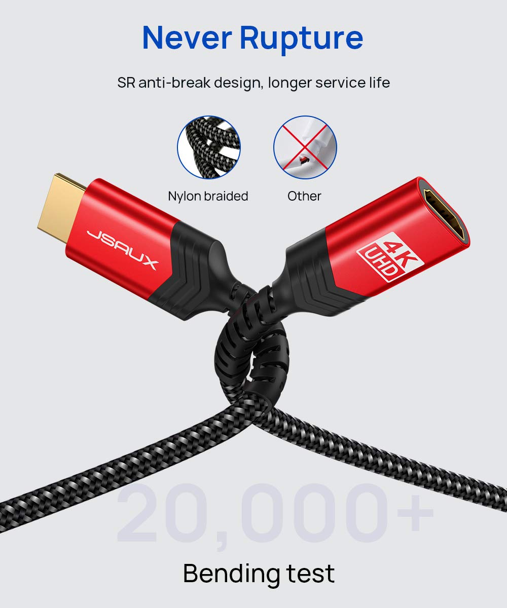 HDMI Extension Cable 3.3FT, JSAUX 4K High Speed HDMI Extender Cord Male to Female (4K 60Hz HDR HDCP 2.2), Compatible with Roku/Chromecast Streaming Stick, Blu-ray Player, HDTV, Laptop, PC