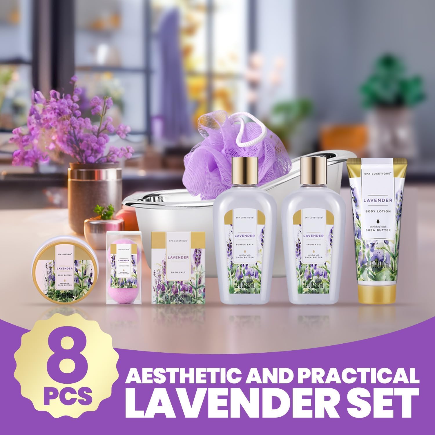 Spa Luxetique Spa Gift Baskets for Women, Relaxing Lavender Fragrance, Luxurious 8pc Bath Gift Set, Cute Bath Tub Holder, Bubble Bath, Bath Bombs, Body Butter & More. Perfect Birthday, Mothers Day Gifts for Women