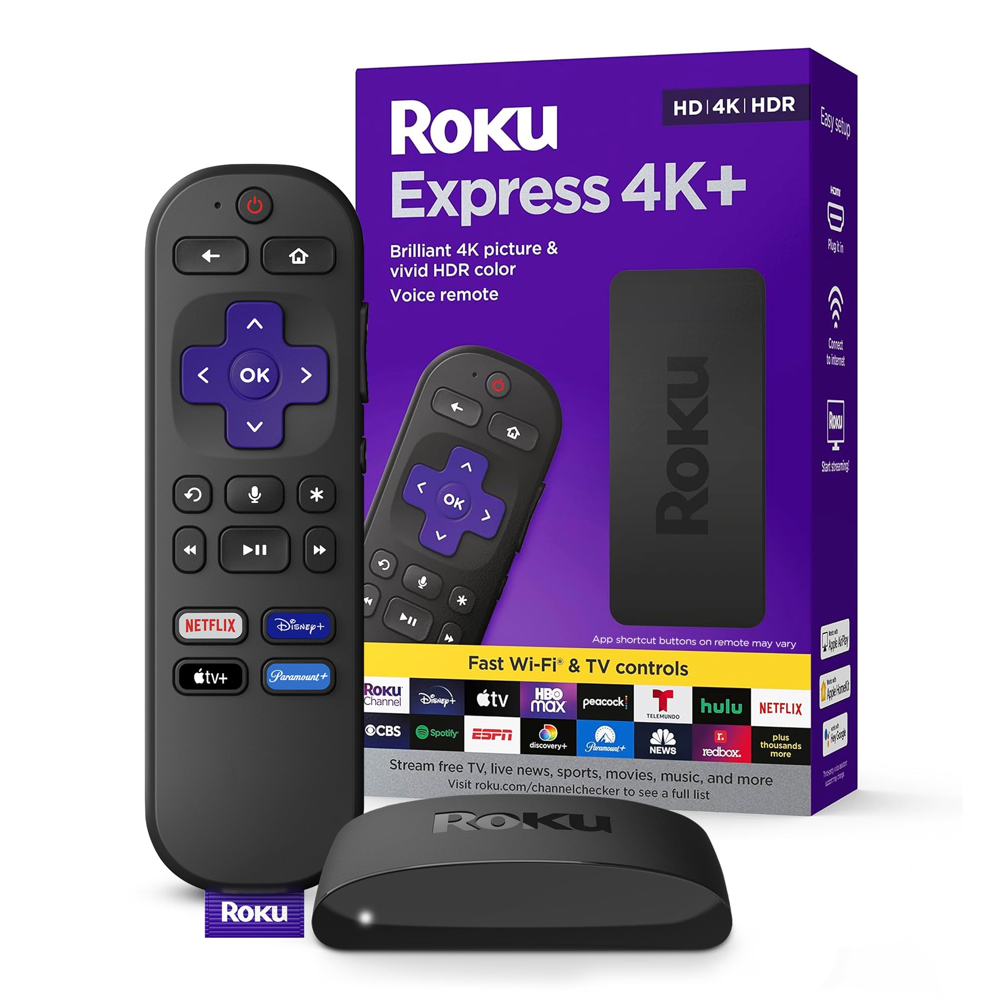 Roku Express 4K+ | Streaming Player HD/4K/HDR with Roku Voice Remote with TV Controls, Includes Premium HDMI Cable