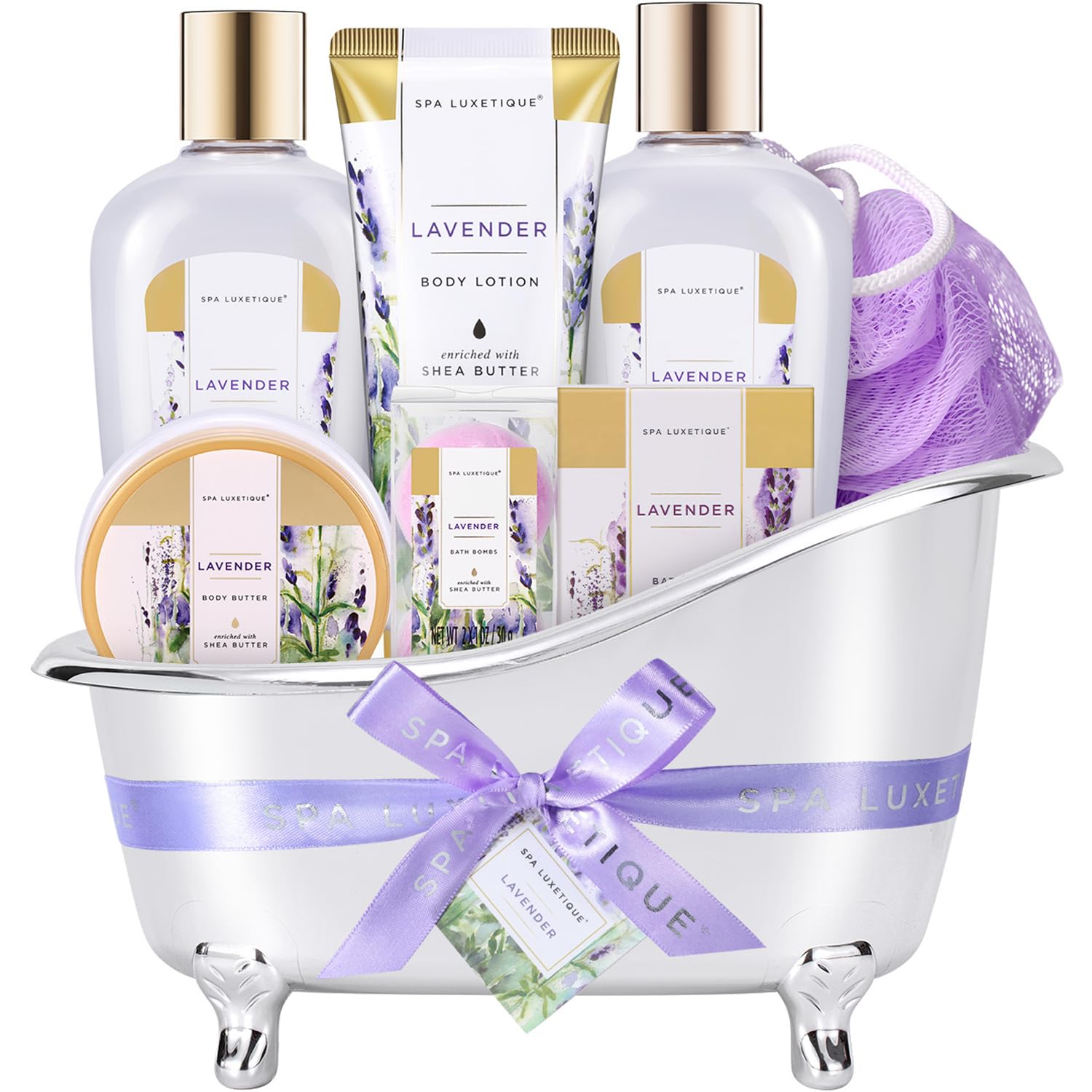 Spa Luxetique Spa Gift Baskets for Women, Relaxing Lavender Fragrance, Luxurious 8pc Bath Gift Set, Cute Bath Tub Holder, Bubble Bath, Bath Bombs, Body Butter & More. Perfect Birthday, Mothers Day Gifts for Women