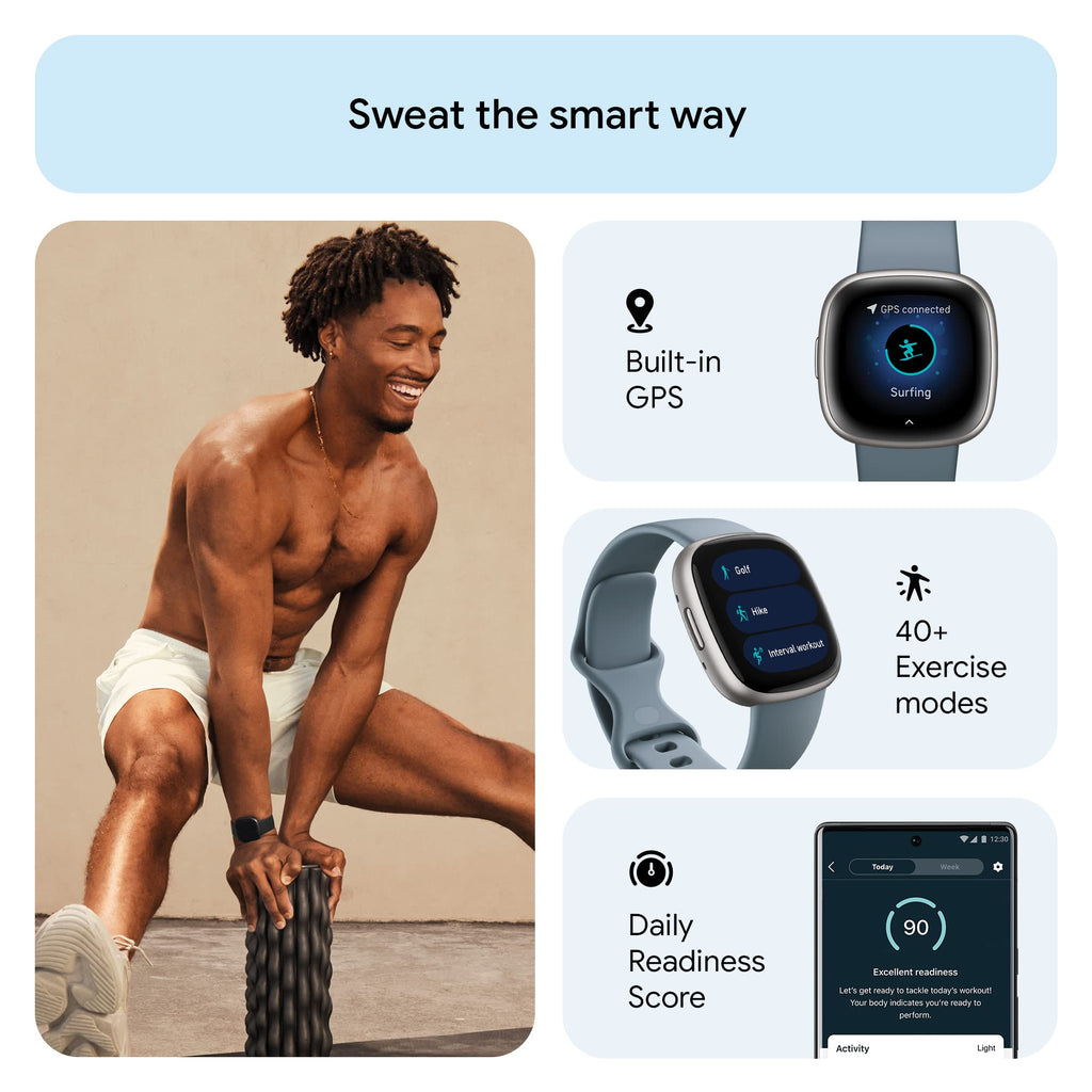 Google Fitbit Versa 4 Fitness Smartwatch with Daily Readiness, Gps, 24/7 Heart Rate, 40+ Exercise Modes, Sleep Tracking and More, Waterfall Blue/platinum, One Size (S and L Bands Included)
