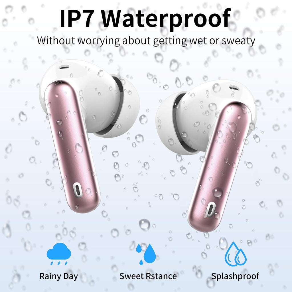 Wireless Earbuds, Bluetooth Headphones 5.4 HiFi Stereo, Wireless Earphones with ENC Noise Cancelling Mic, IP7 Waterproof in Ear Headphones, LED Digital Display Ear Buds, Rose Gold(2025)