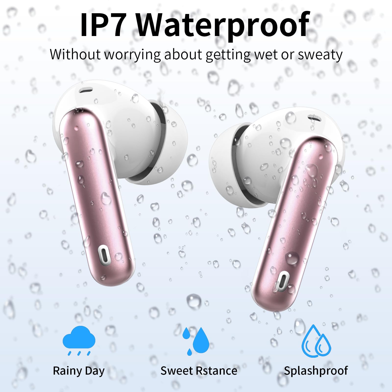 Wireless Earbuds, Bluetooth Headphones 5.4 HiFi Stereo, Wireless Earphones with ENC Noise Cancelling Mic, IP7 Waterproof in Ear Headphones, LED Digital Display Ear Buds, Rose Gold(2025)