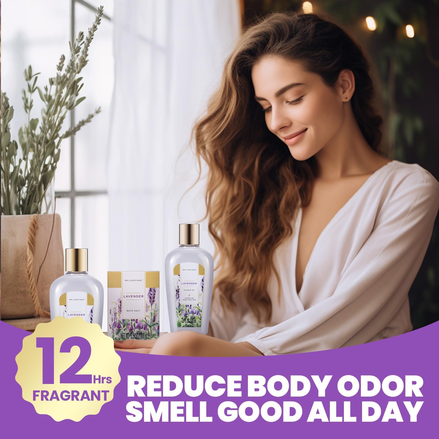 Spa Luxetique Spa Gift Baskets for Women, Relaxing Lavender Fragrance, Luxurious 8pc Bath Gift Set, Cute Bath Tub Holder, Bubble Bath, Bath Bombs, Body Butter & More. Perfect Birthday, Mothers Day Gifts for Women