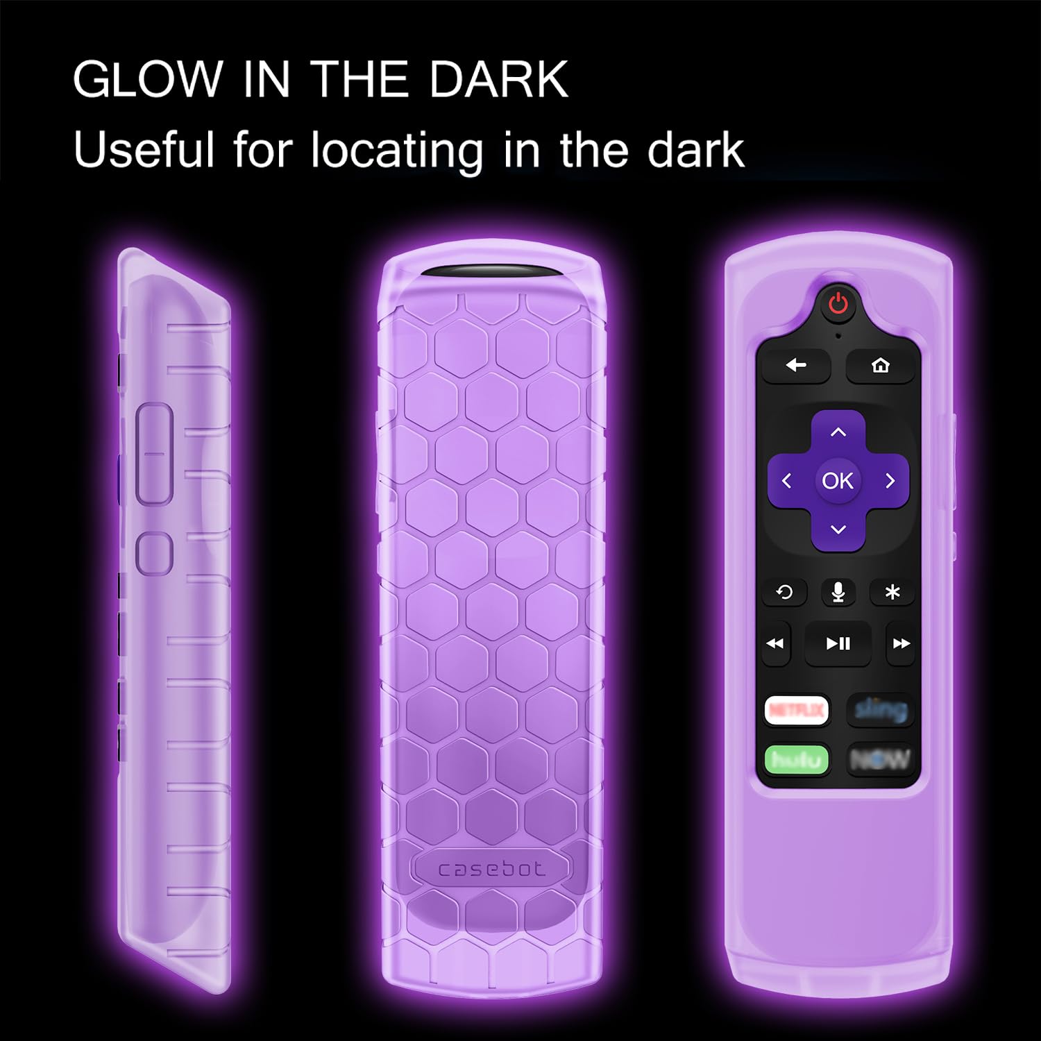 CaseBot Remote Case for Roku Voice, Roku Express HD / 4K+, Ultra LT Enhanced Voice, Express 3930, Premiere+ 3921, Streaming Stick+ Remote, Honey Comb Anti Slip Shockproof Silicone Cover, Purple Glow