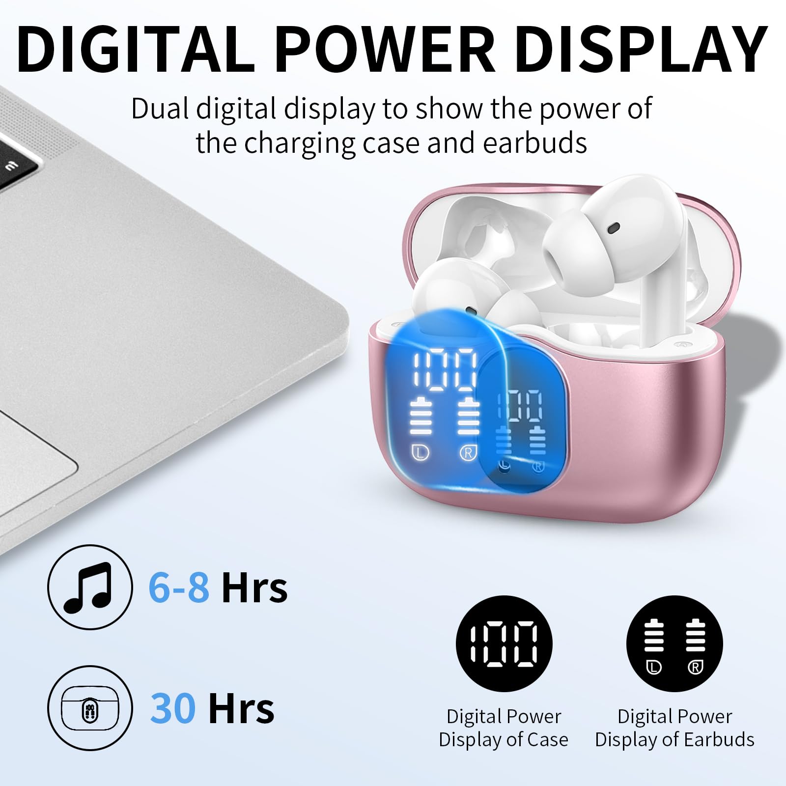 Wireless Earbuds, Bluetooth Headphones 5.4 HiFi Stereo, Wireless Earphones with ENC Noise Cancelling Mic, IP7 Waterproof in Ear Headphones, LED Digital Display Ear Buds, Rose Gold(2025)
