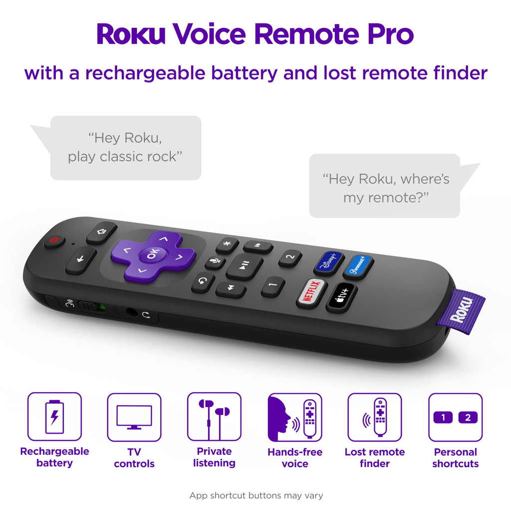 Roku Voice Remote Pro | Rechargeable Voice Remote with TV Controls, Lost Remote Finder, Private Listening, Hands-Free Voice Controls & Personal Shortcut Buttons for Roku Players Roku TV, & Roku Audio