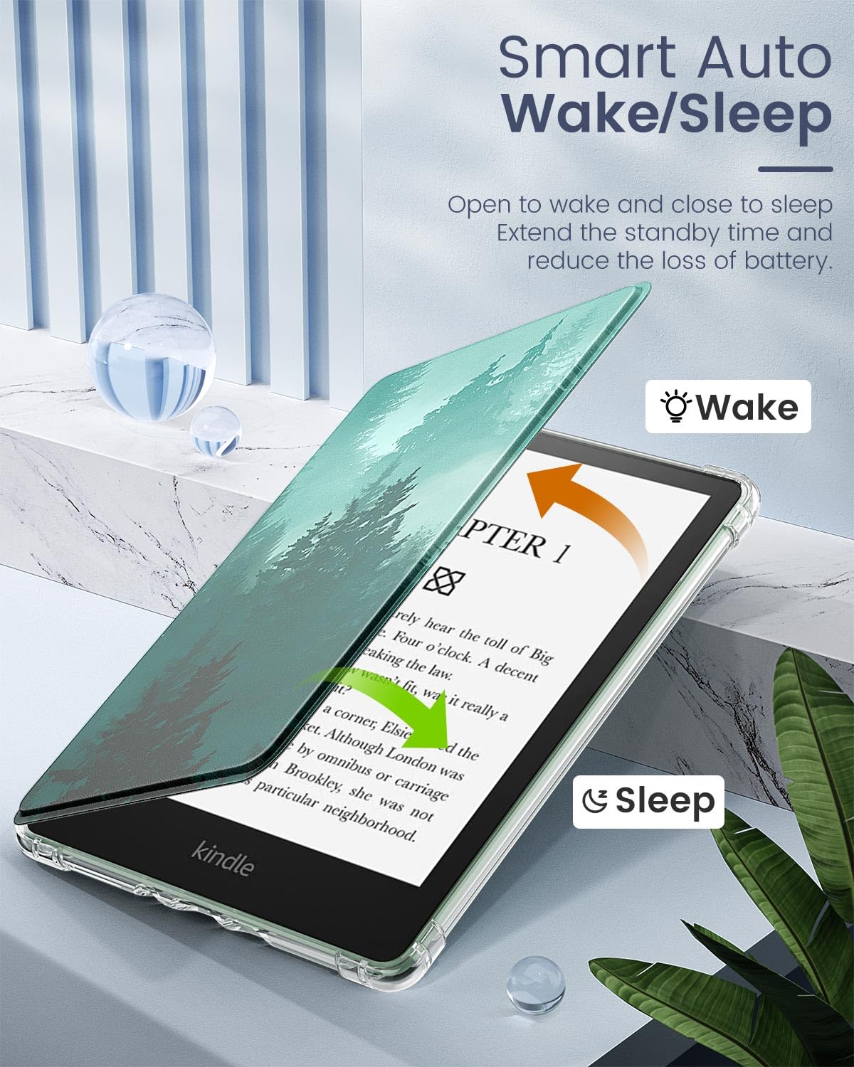 MoKo Case for 6.8" Kindle Paperwhite 11th Generation 2021&Kindle Paperwhite Signature Edition, Ultra Clear Soft Flexible Transparent TPU Back Cover Light Shell with Auto Wake/Sleep, Green Forest