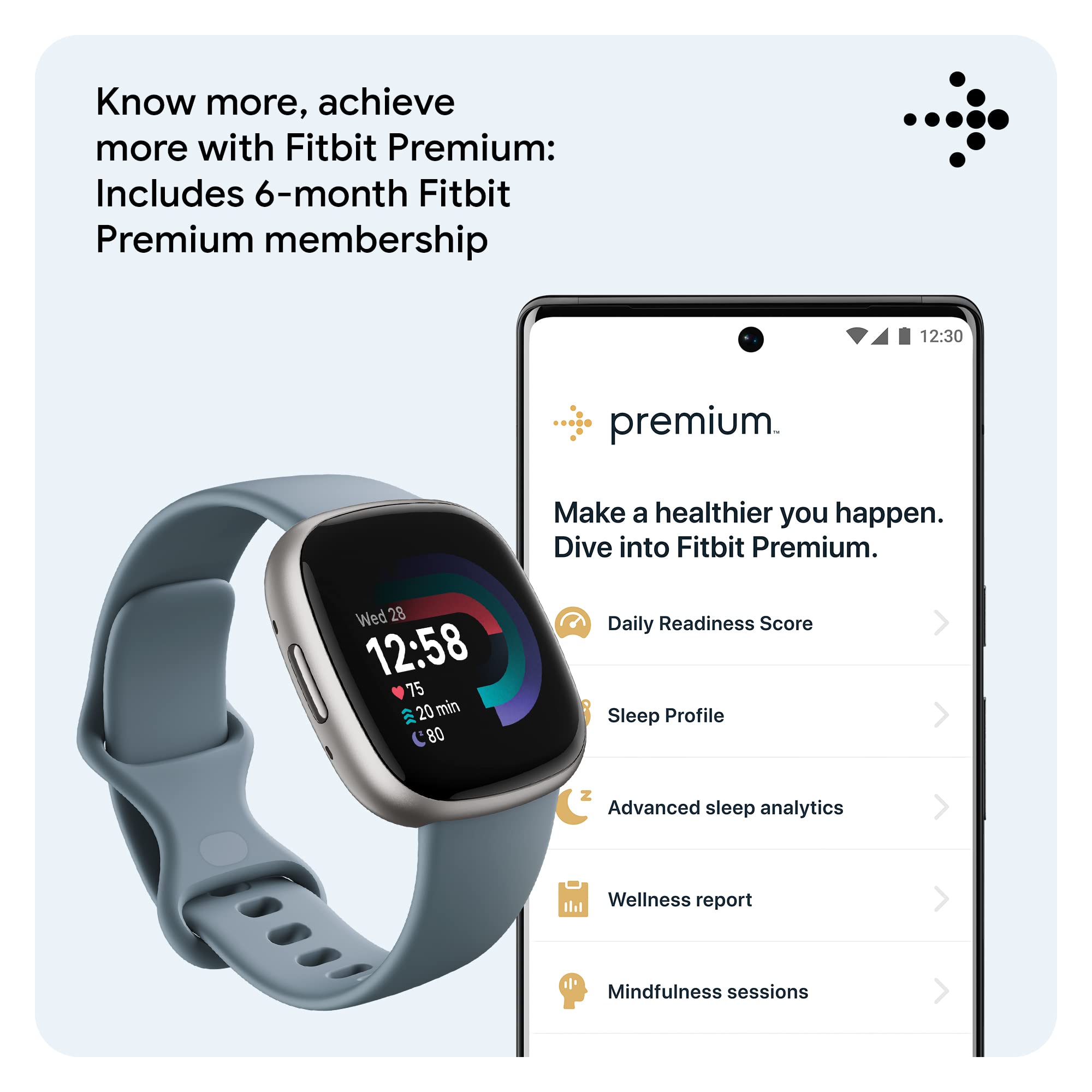 Google Fitbit Versa 4 Fitness Smartwatch with Daily Readiness, Gps, 24/7 Heart Rate, 40+ Exercise Modes, Sleep Tracking and More, Waterfall Blue/platinum, One Size (S and L Bands Included)