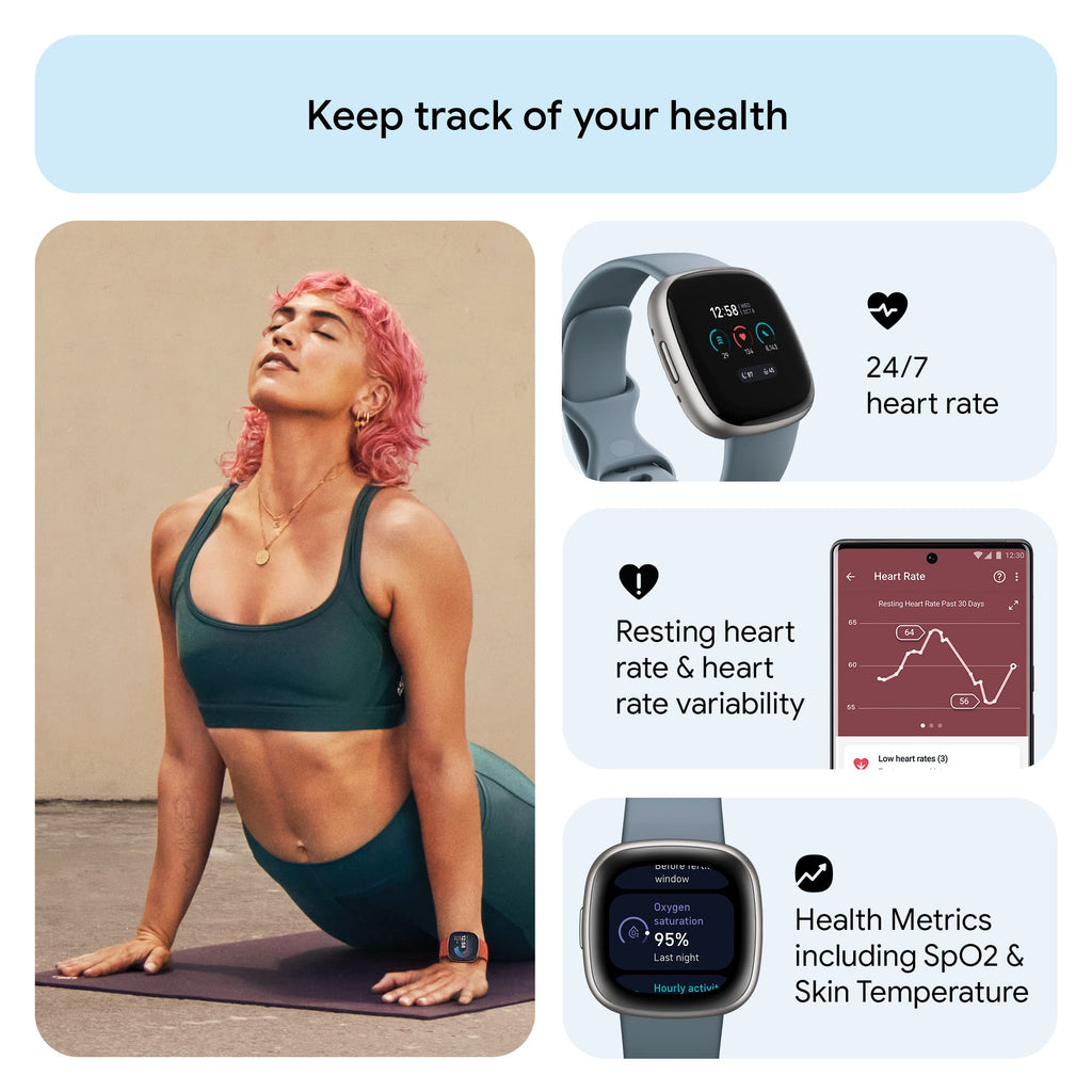 Google Fitbit Versa 4 Fitness Smartwatch with Daily Readiness, Gps, 24/7 Heart Rate, 40+ Exercise Modes, Sleep Tracking and More, Waterfall Blue/platinum, One Size (S and L Bands Included)