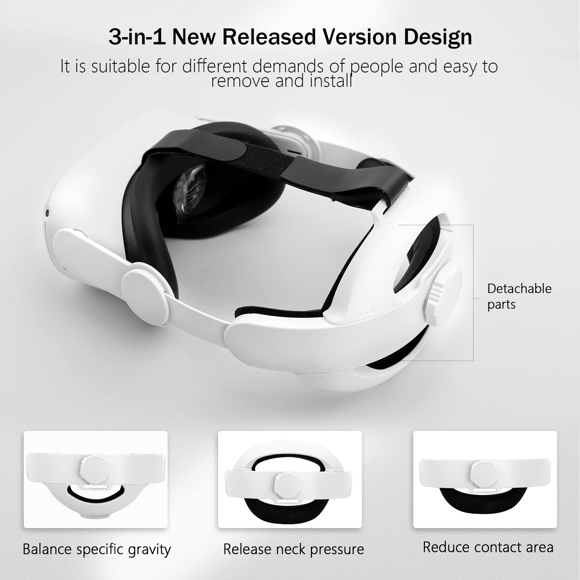 Kuject Design 3-in-1 Adjustable Head Strap for Meta Oculus Quest 2, Replacement for Elite Strap, Enhanced Support in VR, Detachable & Lightweight VR Accessories Fit for Carrying Case