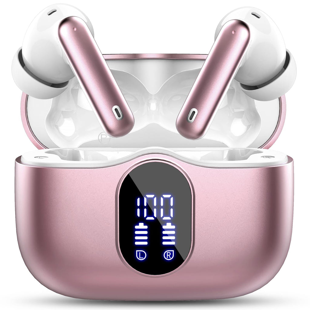 Wireless Earbuds, Bluetooth Headphones 5.4 HiFi Stereo, Wireless Earphones with ENC Noise Cancelling Mic, IP7 Waterproof in Ear Headphones, LED Digital Display Ear Buds, Rose Gold(2025)