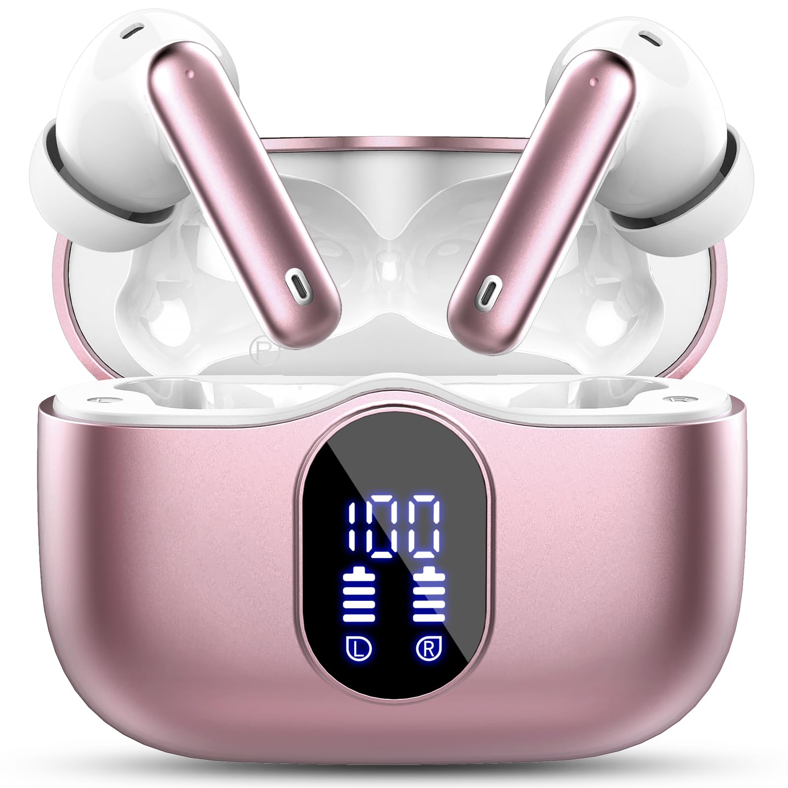 Wireless Earbuds, Bluetooth Headphones 5.4 HiFi Stereo, Wireless Earphones with ENC Noise Cancelling Mic, IP7 Waterproof in Ear Headphones, LED Digital Display Ear Buds, Rose Gold(2025)