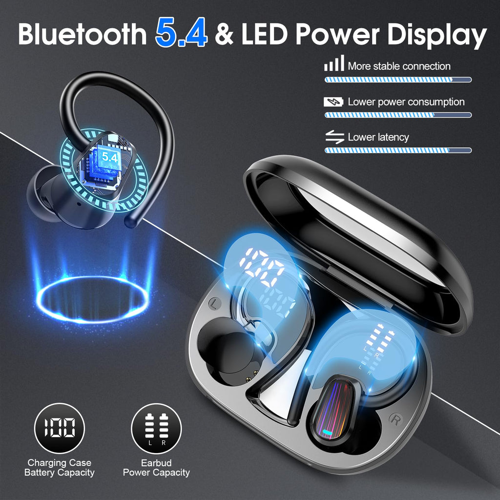 Wireless Earbuds, 50H Bluetooth 5.4 Headphones Sport, Bluetooth Earbuds with ENC Noise Canceling, HiFi Stereo Sound Wireless Earphones with Earhooks, IP7 Waterproof Ear Buds for Sports/Workout/Running