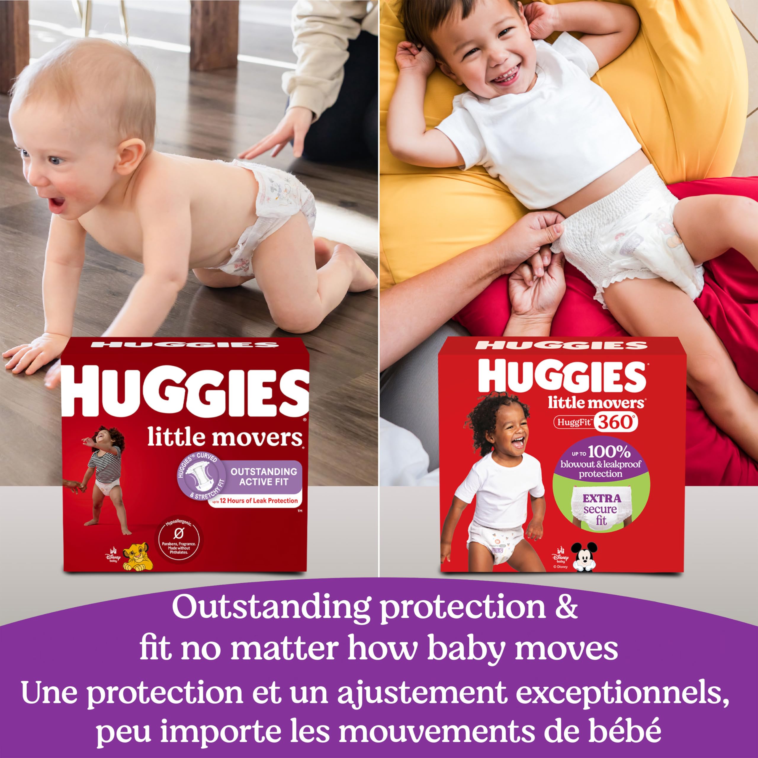 Huggies Size 6 Baby Diapers, Little Movers HuggFit 360° Baby Diapers with 360° Waistband, Size 6 (35+ lbs), 104 Count, Packaging May Vary