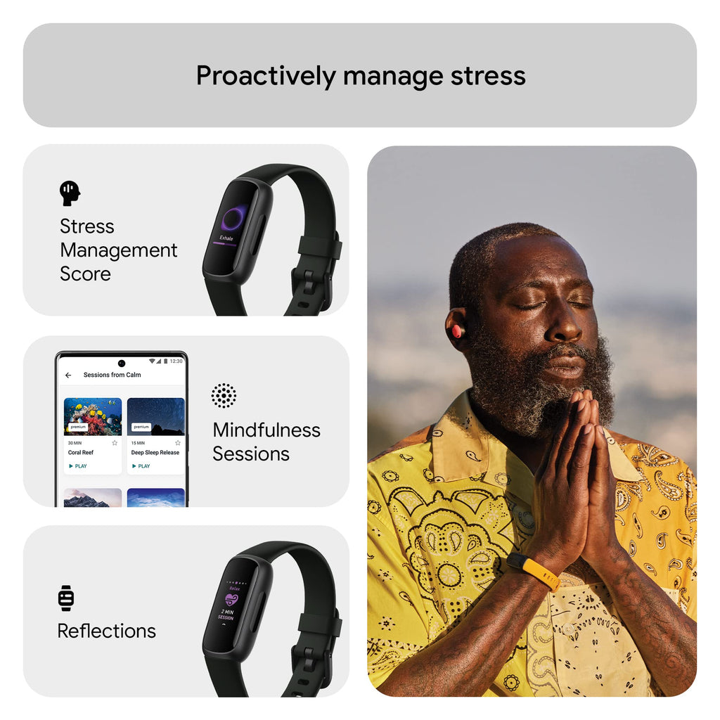 Google Fitbit Inspire 3 Health and Fitness Tracker with Stress Management, Workout Intensity, Sleep Tracking, 24/7 Heart Rate and More, Midnight Zen/black, One Size (S and L Bands Included)