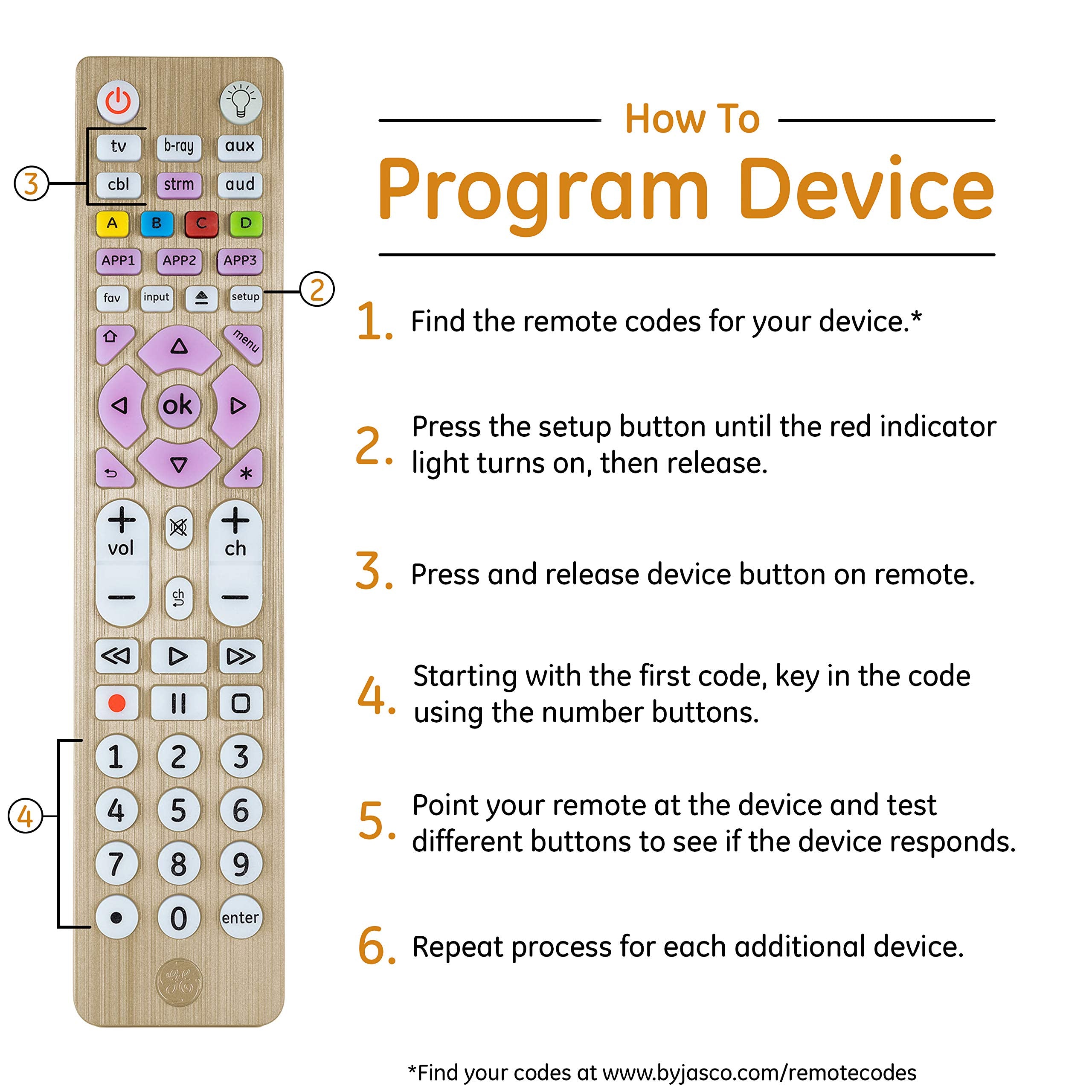 GE 6-Device Backlit Universal Remote Control for Samsung, Vizio, Lg, Sony, Sharp, Roku, Apple TV, Smart TVs, Streaming Players, Blu-Ray, DVD, Master Volume Control, Gold, 47506