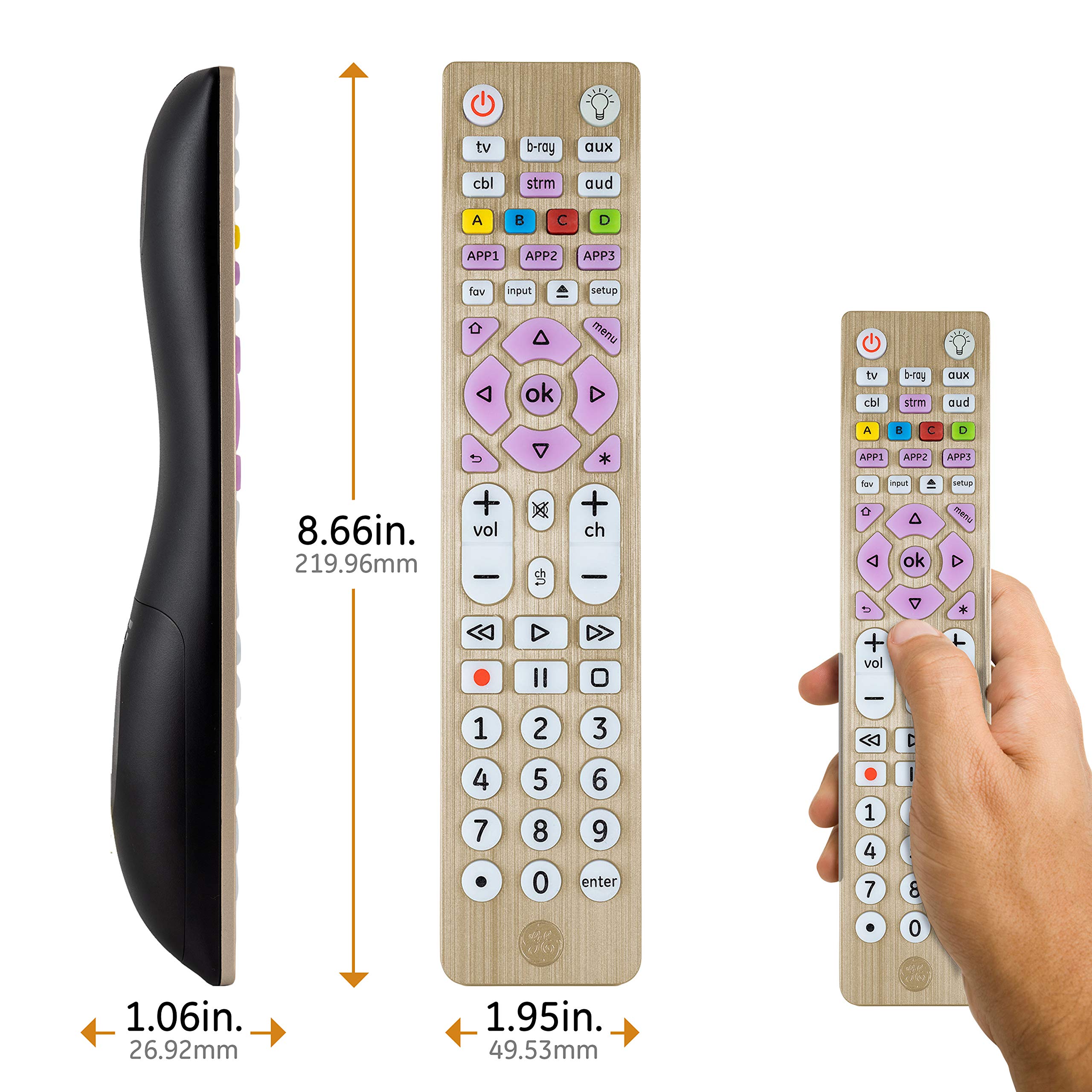 GE 6-Device Backlit Universal Remote Control for Samsung, Vizio, Lg, Sony, Sharp, Roku, Apple TV, Smart TVs, Streaming Players, Blu-Ray, DVD, Master Volume Control, Gold, 47506