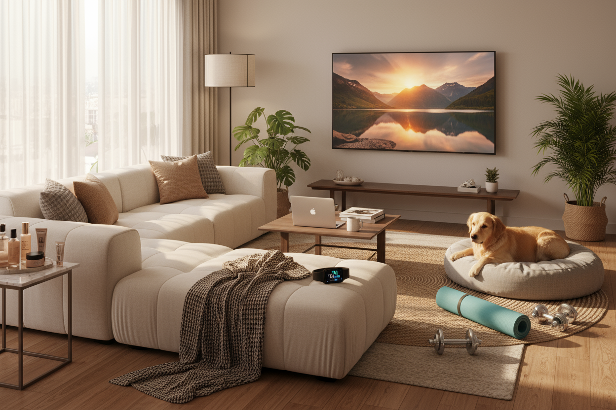 generate an image of a living room super cozy with items related to fitness, beauty , pets and electronics , the idea is to provide a cozy space to tell the buyer how their place can benefit from visiting this website